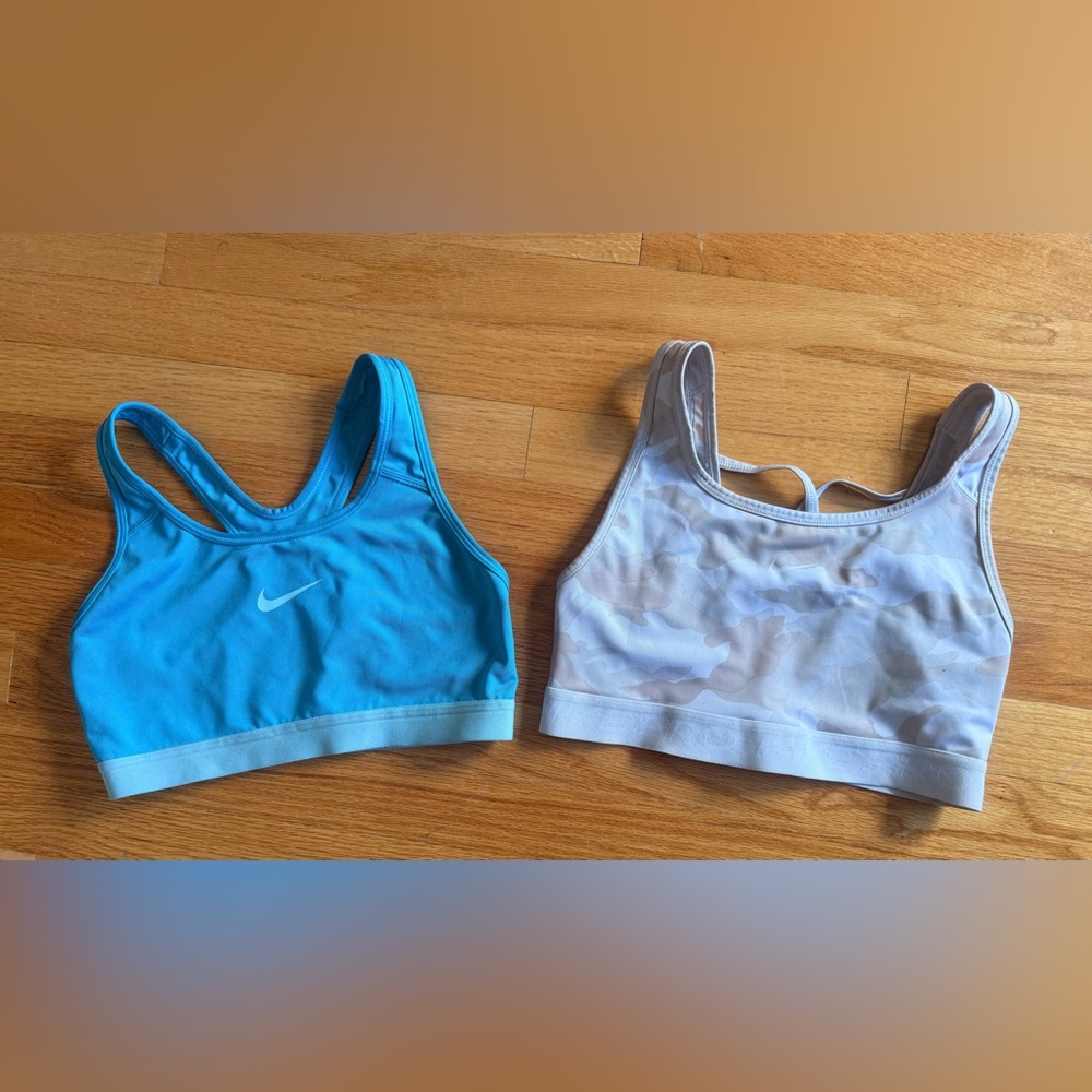 LOT Nike Teal Aqua Blue AND Cream Camo Support Athletic Sports Bras Medium